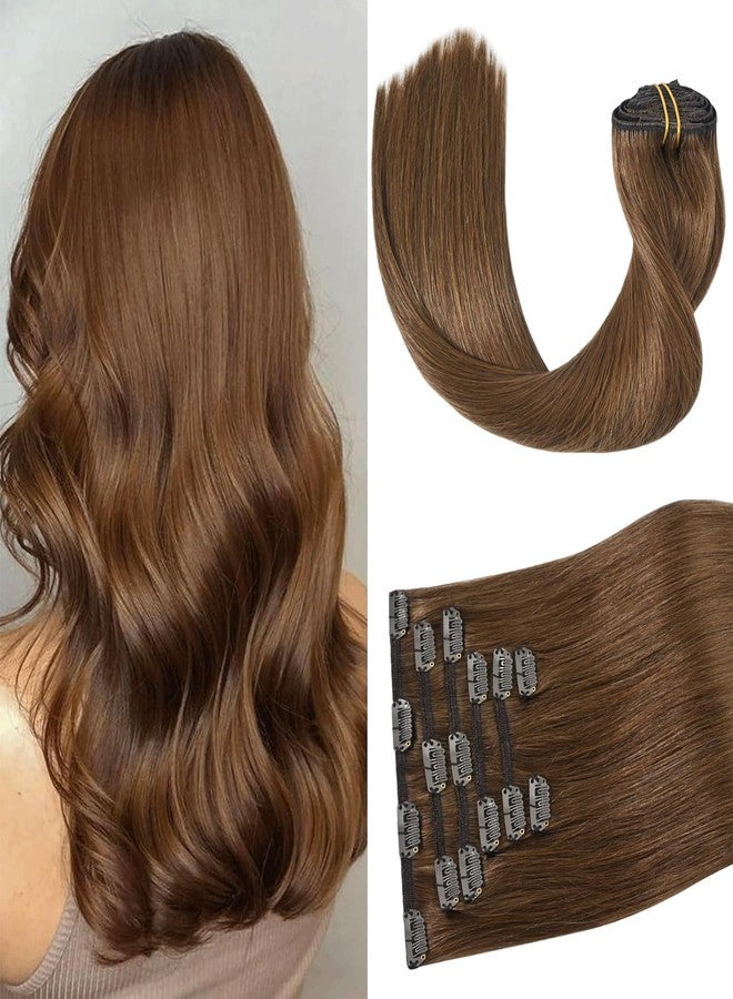 Aison Light Brown Clip in Hair Extensions Real Human Hair 70G 100% Remy Human Hair Clip in Extensions for Women 7pcs 16clips One Pack (22 Inch #6) Golden brown hair extensions - Image 1